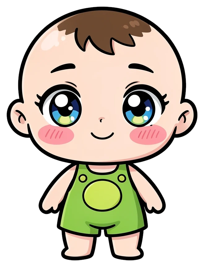 Visuel généré par l'IA : bébé en style manga chibi, grands yeux, grenouillère verte