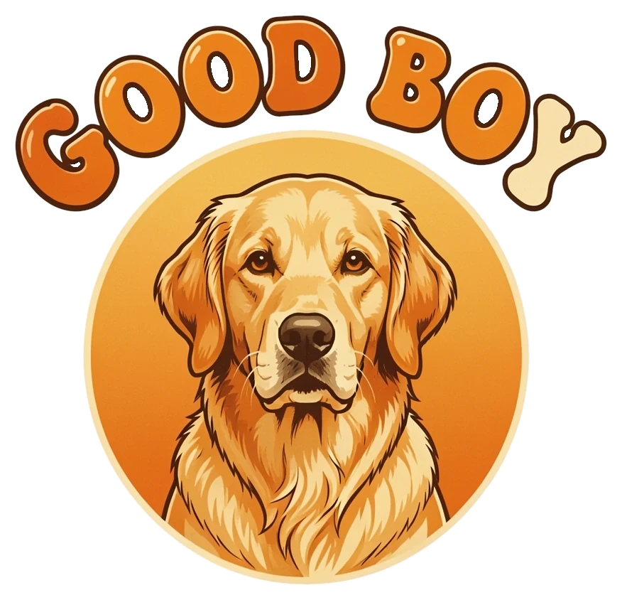Visuel généré par l'IA : golden retriever en affiche vintage années 70, texte GOOD BOY