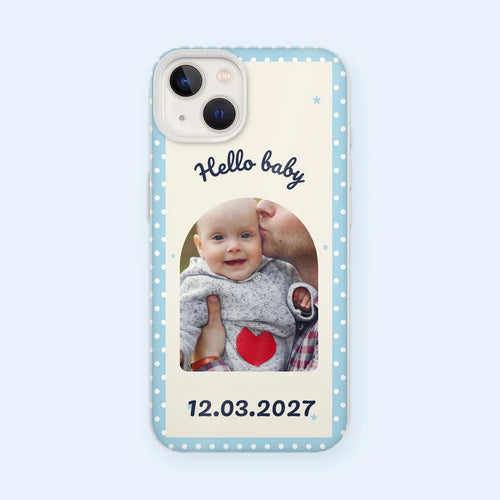 Coque de téléphone personnalisée avec la photo d'un bébé, Hello baby et sa date de naissance