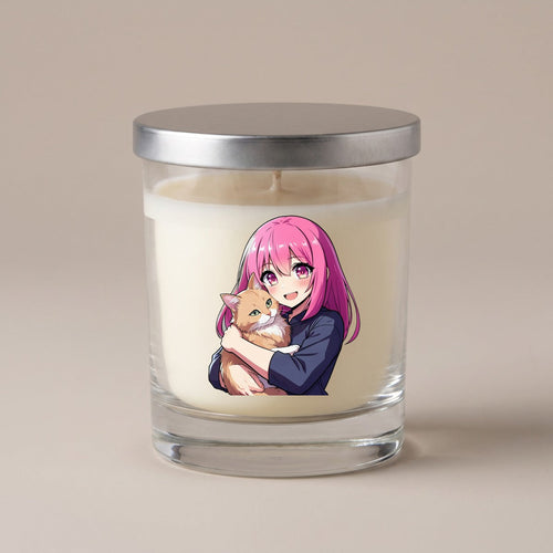 Bougie parfumée personnalisée, verre imprimé d'une illustration manga avec un chat
