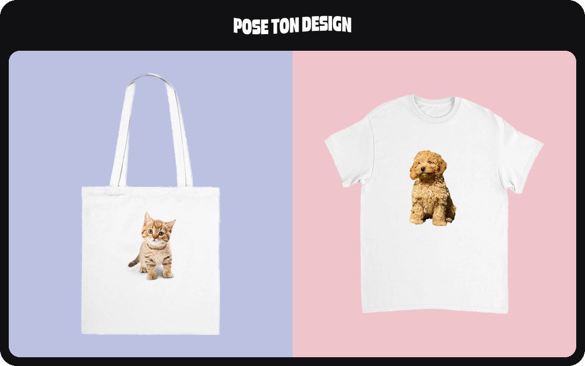 Un tote bag imprimé avec la photo d'un chaton et un tee-shirt imprimé avec celle d'un chiot, sur fonds pastel.