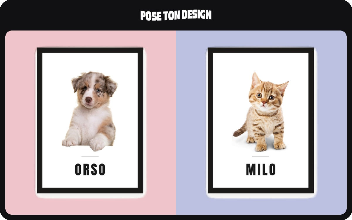 Deux cadres photo en bois noir, l’un avec la photo d’un chiot et le prénom Orso, l’autre avec celle d’un chaton et le prénom Milo.