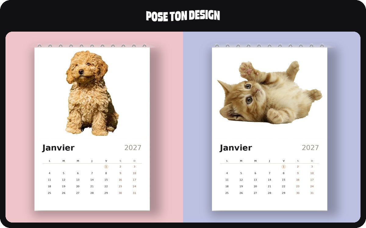 Deux calendriers muraux 2027 ouverts sur janvier, l’un imprimé avec la photo d’un chiot, l’autre avec celle d’un chaton roux.
