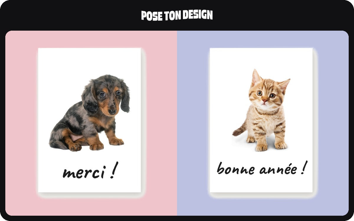 Deux cartes personnalisées, l’une avec la photo d’un chiot teckel et le mot merci, l’autre avec un chaton et le mot bonne année.