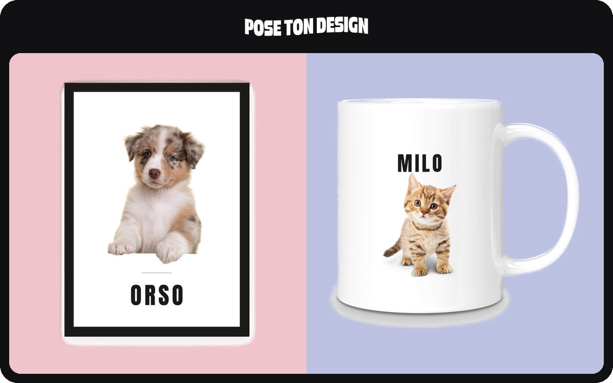 Un cadre photo avec un chiot et son prénom, et un mug imprimé avec la photo d’un chaton.