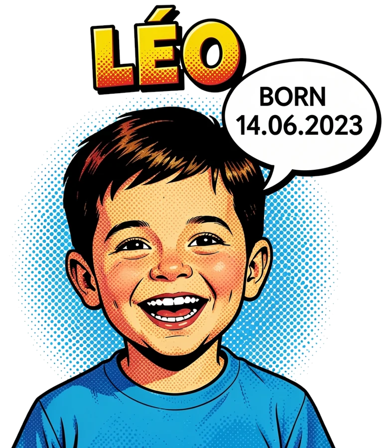 Visuel généré par l'IA : portrait comic book d'un petit garçon, texte LÉO et bulle BORN 14.06.2023