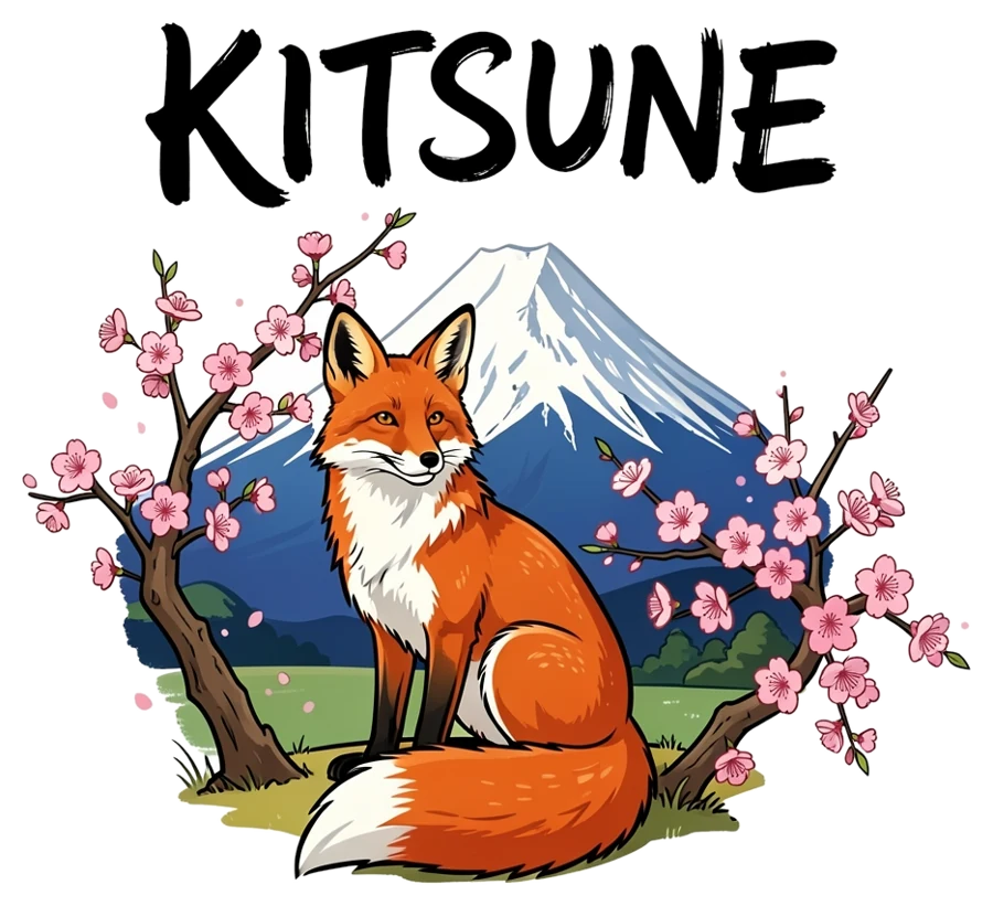 Visuel généré par l'IA : renard en style japonais, cerisier et mont Fuji, mot KITSUNE