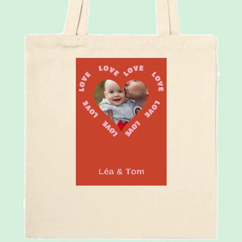 Thème Love cœur sur un tote bag personnalisé avec une photo