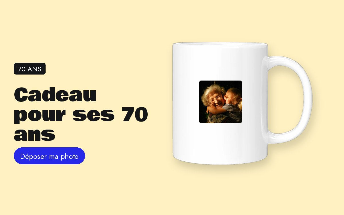 Mug personnalisé avec photo – Cadeau pour ses 70 ans : sa photo de jeunesse, façon Seventies