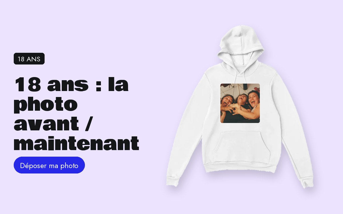 Sweat à capuche personnalisé avec photo – Cadeau pour ses 18 ans : la photo « avant / maintenant »