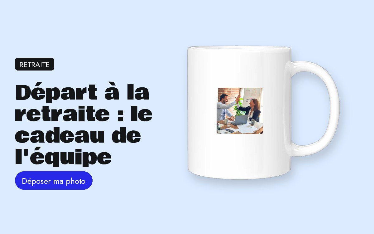 Mug personnalisé avec photo – Départ à la retraite : le cadeau de l'équipe, avec des photos