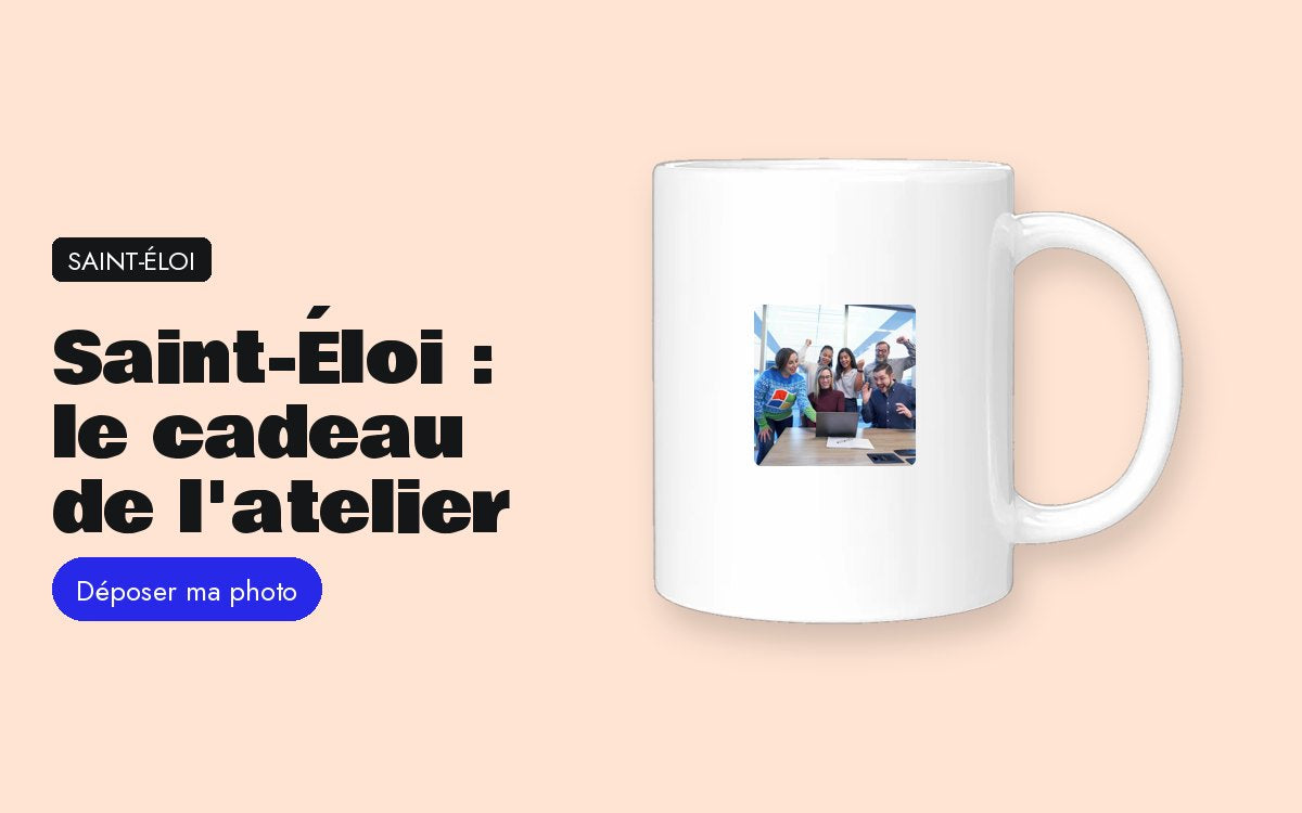 Mug personnalisé avec photo – Saint-Éloi 2026 : le cadeau de l'atelier, avec la photo de l'équipe