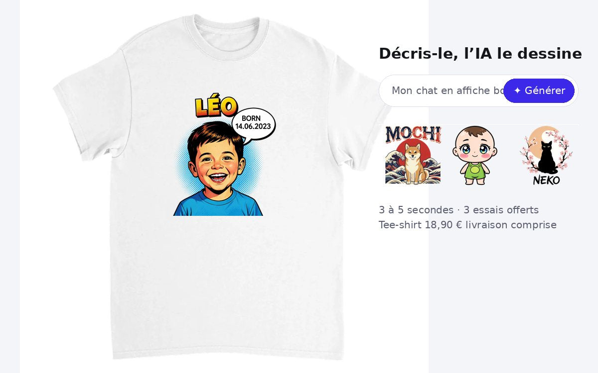Créer un tee-shirt avec l'IA – décris ton visuel, il se pose sur le tee-shirt