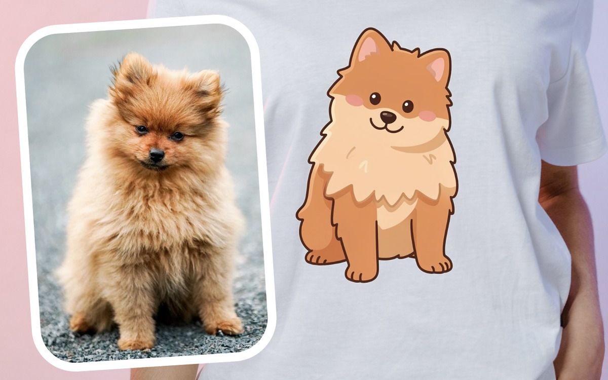 Tee-shirt personnalisé avec une image IA – la photo d'un chien et son portrait cartoon sur le tee-shirt